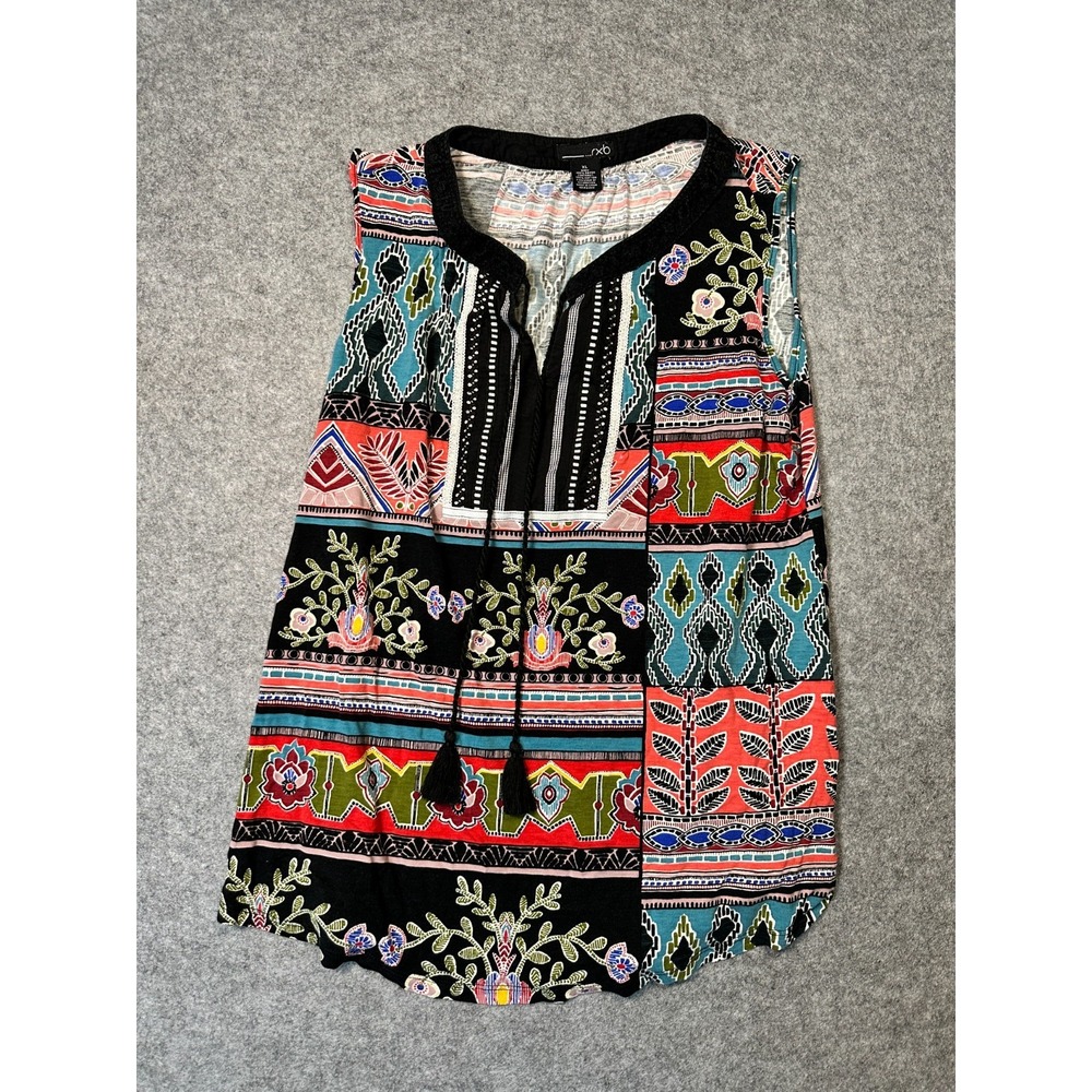 RXB Tunic Top Womens XL Black Patchwork Aztec Rayon Sleeveless Boho Tie Neck
